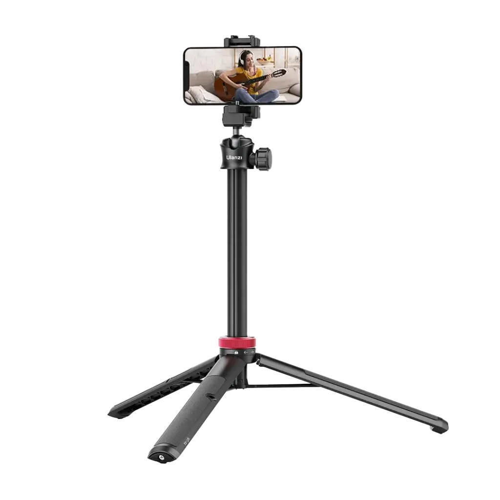 Ulanzi MT-44 tripod open with a smartphone mounted, screen on