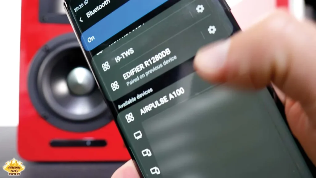 Phone Bluetooth list showing AIRPULSE A100 under available devices