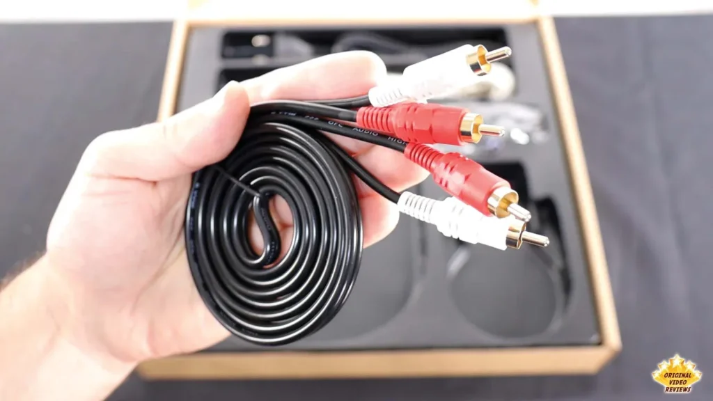 Hand holding a coiled RCA-to-RCA audio cable with red and white plugs