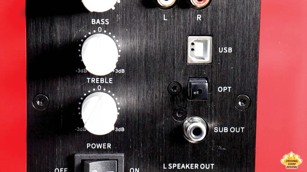 Rear panel of the AIRPULSE A100 with bass and treble knobs, USB and optical inputs and the sub out