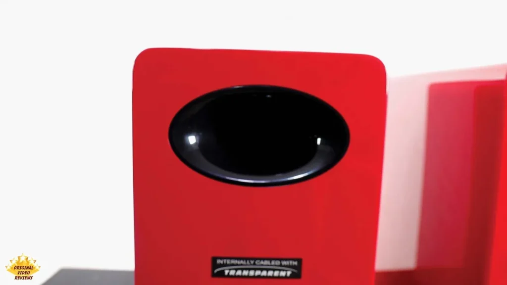 Back of an AIRPULSE A100 speaker showing the oval rear port and the Transparent label