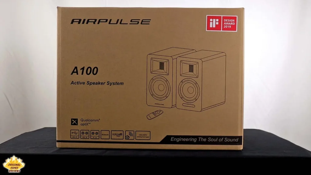 Front of the AIRPULSE A100 cardboard retail box showing the speaker illustration