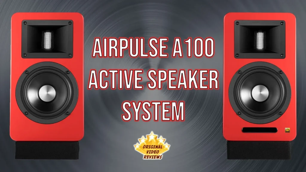 review thumbnail with two red speakers and the title AIRPULSE A100 Active Speaker System