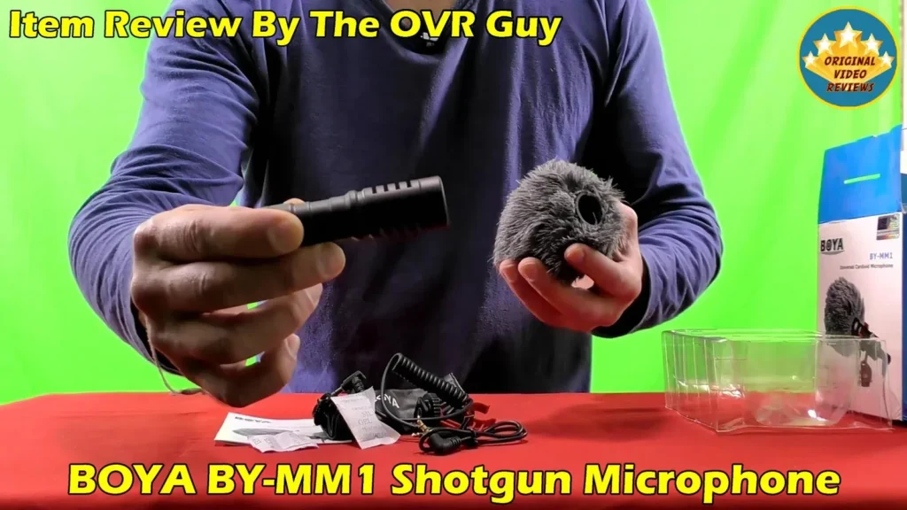 The BOYA BY-MM1 microphone and windshield with the retail box