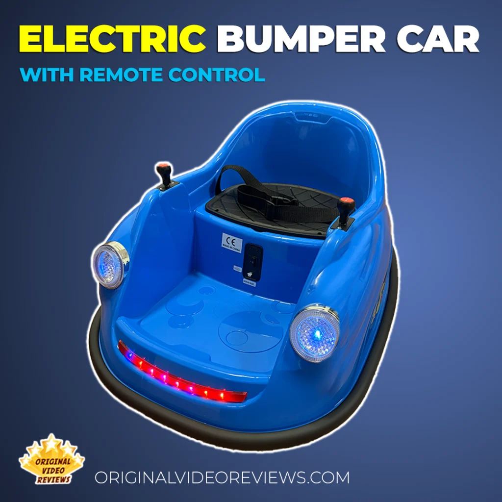 Electric bumper car for kids with remote control thumbnail graphic showing the blue ride-on car and the OVR logo