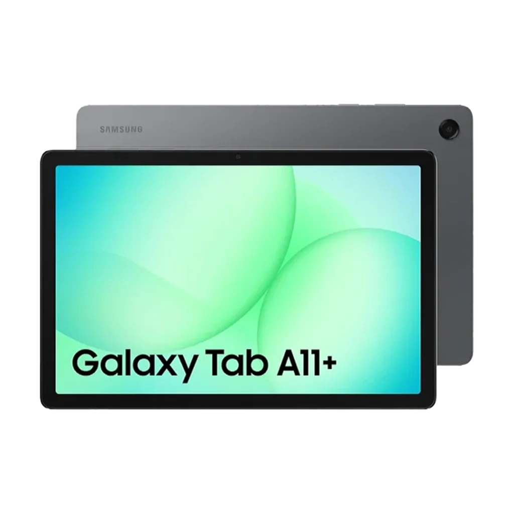 Samsung Galaxy Tab A11 Plus tablet powered on and displaying its home screen, next to a second unit showing the metallic gray back panel with camera and Samsung logo