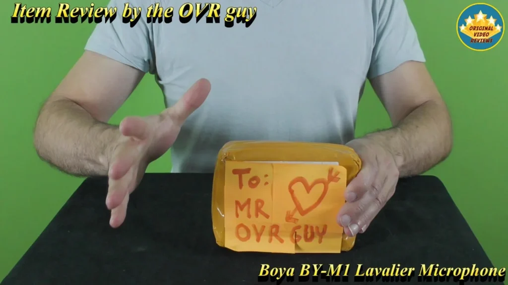 BOYA BY-M1 Lavalier Microphone package in an envelope addressed to Mr. OVR Guy