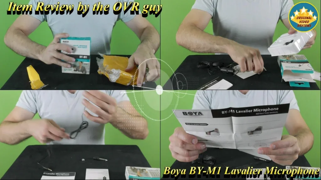 Four-panel collage of the BOYA BY-M1 Lavalier Microphone unboxing, showing the envelope, the retail box and the user manual