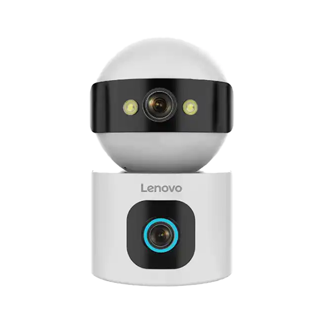 Lenovo XW1 dual lens Wi-Fi security camera, front view, white dome camera on a transparent background