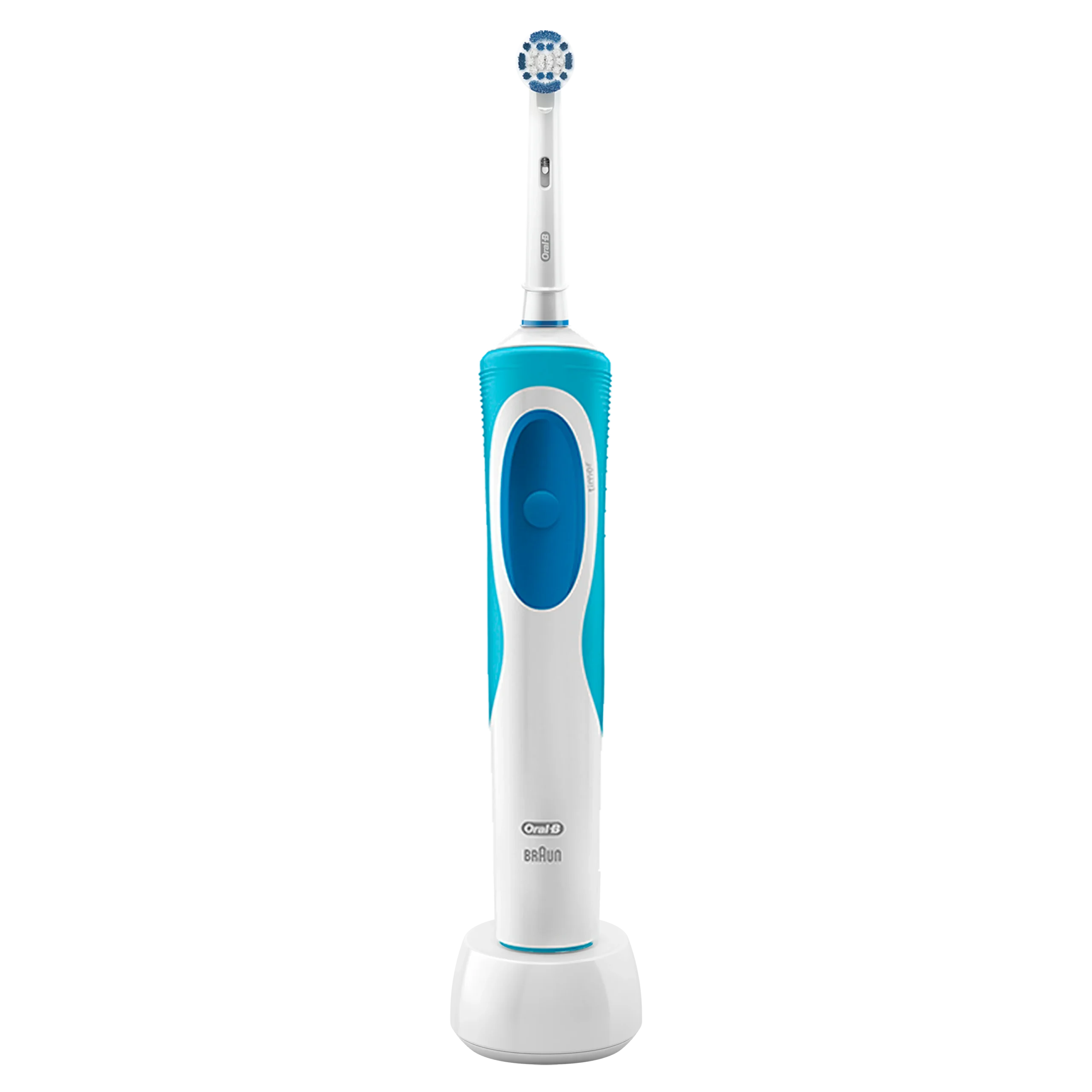 Oral-B Vitality electric toothbrush, front view on its charging base, blue and white, transparent background