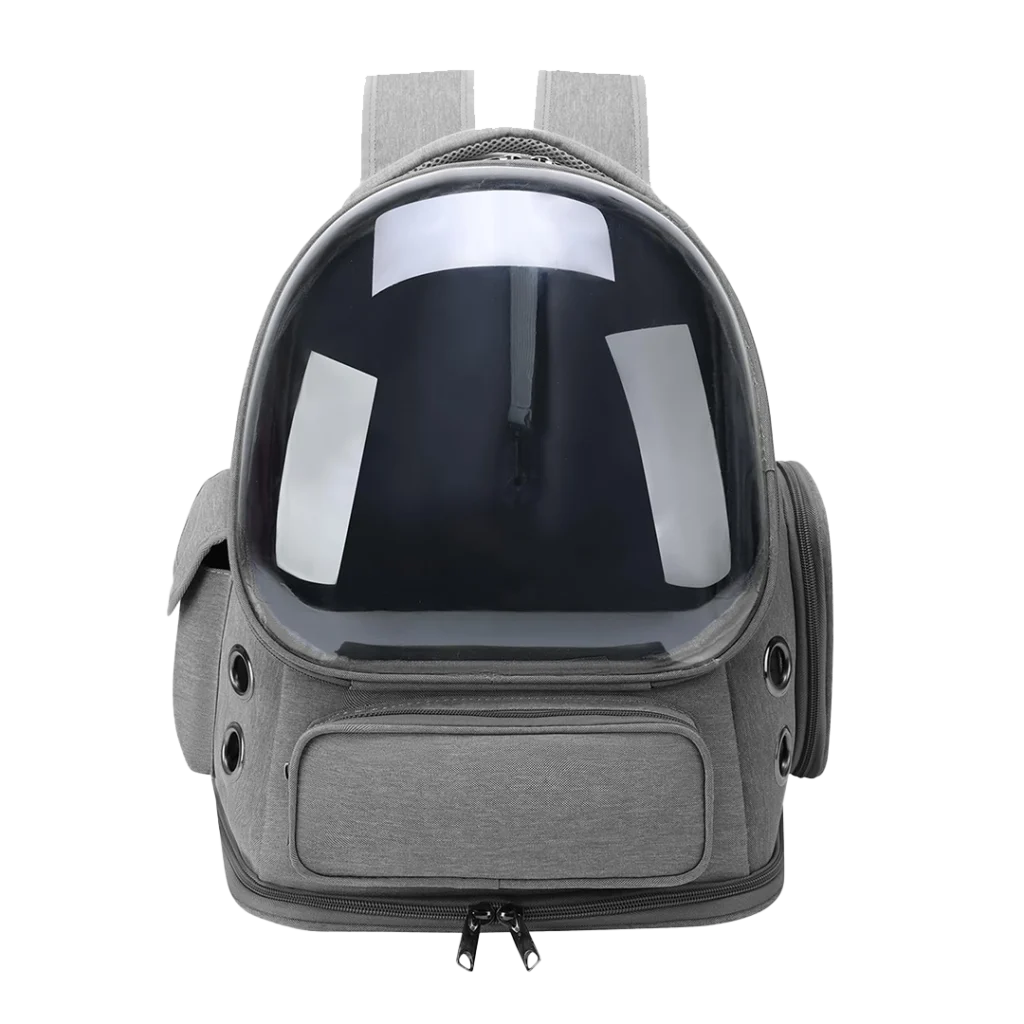 Front view of a grey transparent bubble pet carrier backpack with a clear dome window, side ventilation holes, front pocket and padded shoulder straps