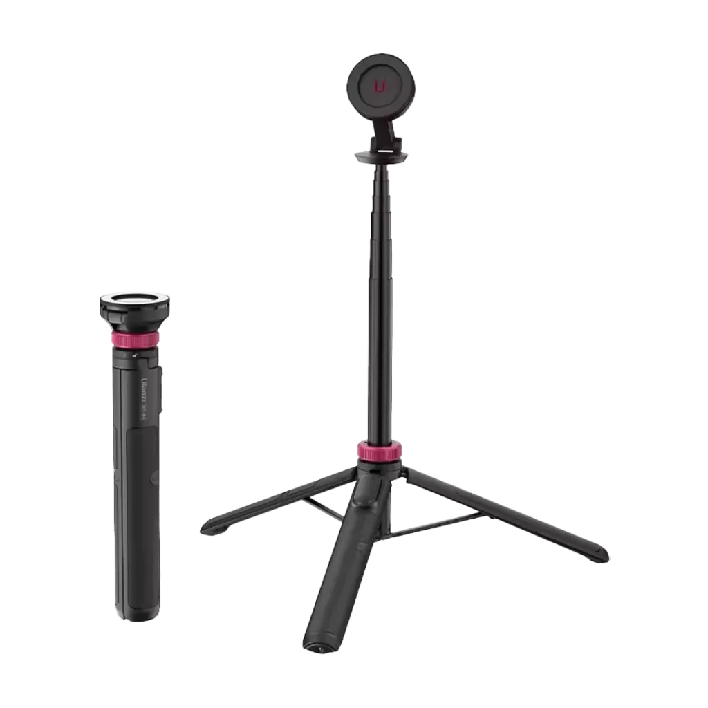 Ulanzi MT-84 magnetic phone tripod, open and folded into a selfie stick