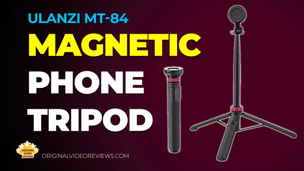 Ulanzi MT-84 magnetic phone tripod standing open next to the folded handle, with the title Magnetic Phone Tripod