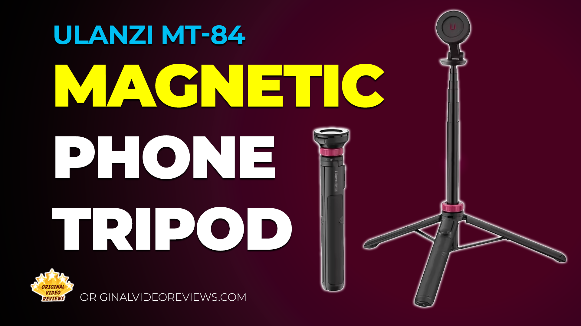 Ulanzi MT-84 magnetic phone tripod standing open next to the folded handle, with the title Magnetic Phone Tripod